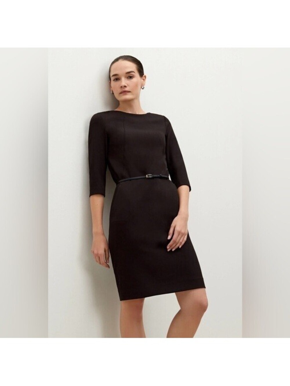 MM LaFluer Etsuko Dress Belted Black Navy Blue Sheath Size 12 Boat Neck